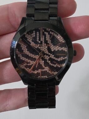 Michael Kors Black Stainless-Link Watch with Pink Gold Crystal Dial Accents